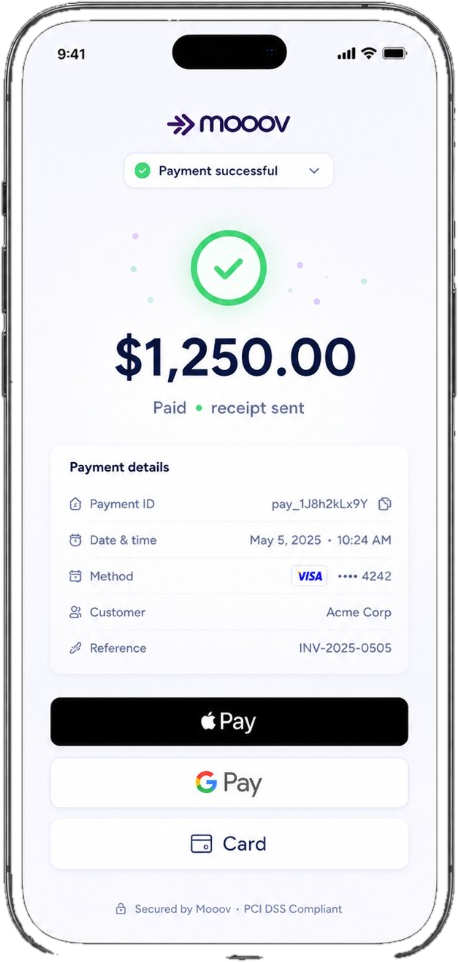 A customer paying on their phone from a Mooov virtual terminal: payment successful, receipt sent, with Apple Pay, Google Pay, and card