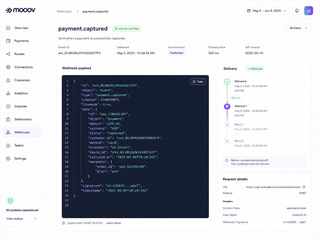 A signed, verified payment.captured webhook with its payload and delivery attempts